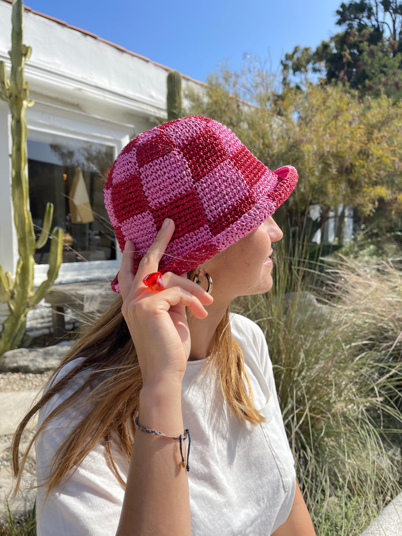 Luna Straw Pink & Red Bucket Hat