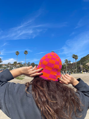 Hand Crochet Ckeckered Pink&Orange Bucket Hat