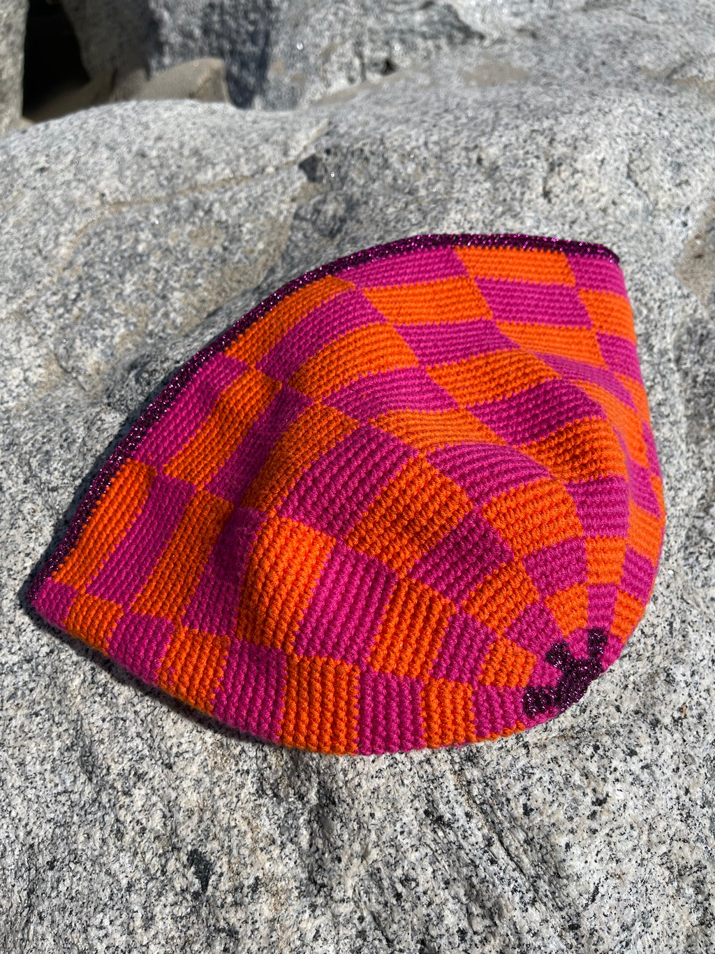 Hand Crochet Ckeckered Pink&Orange Bucket Hat