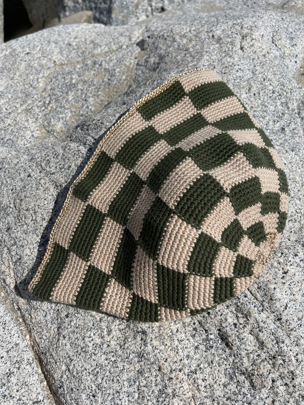 Hand-Crocheted Checkered Khaki Green&Beige Bucket HAT