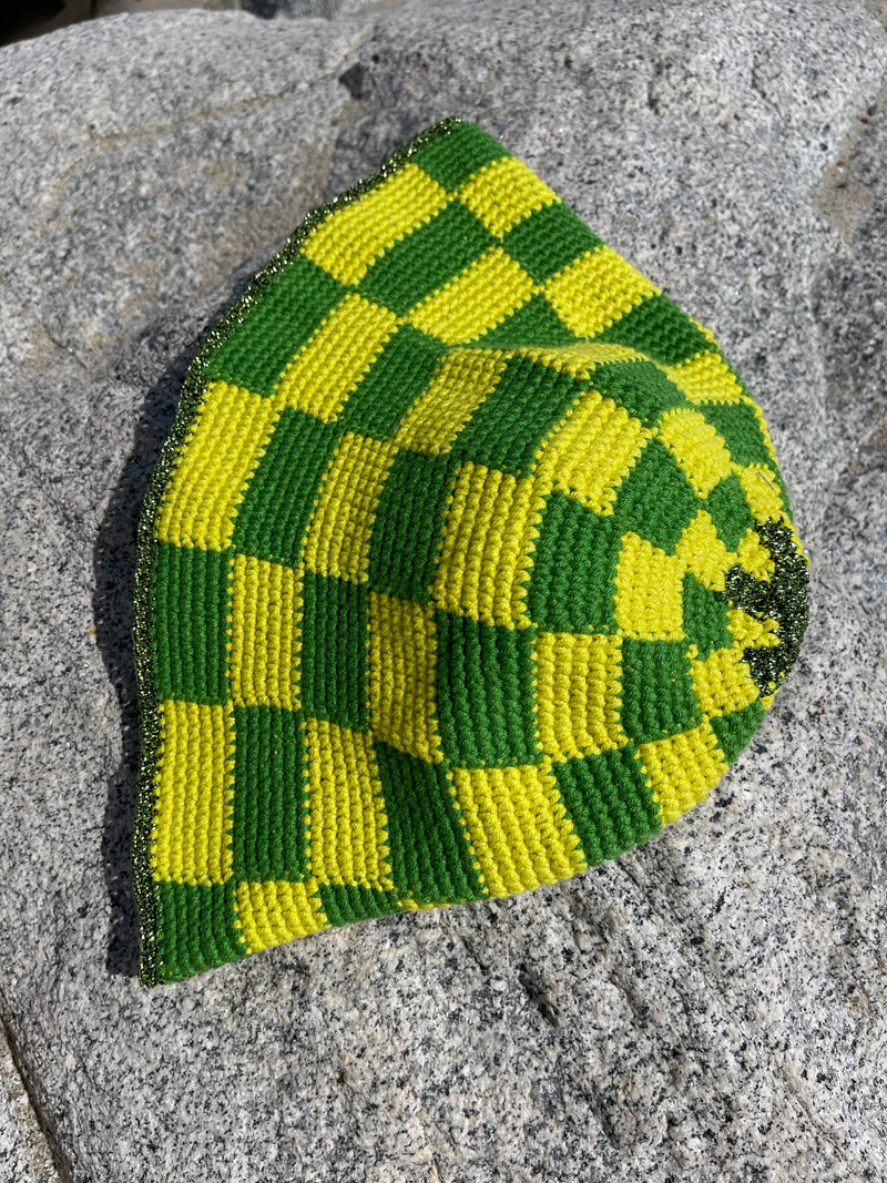 Hand-Crocheted Checkered Neon Yellow&Green Bucket HAT