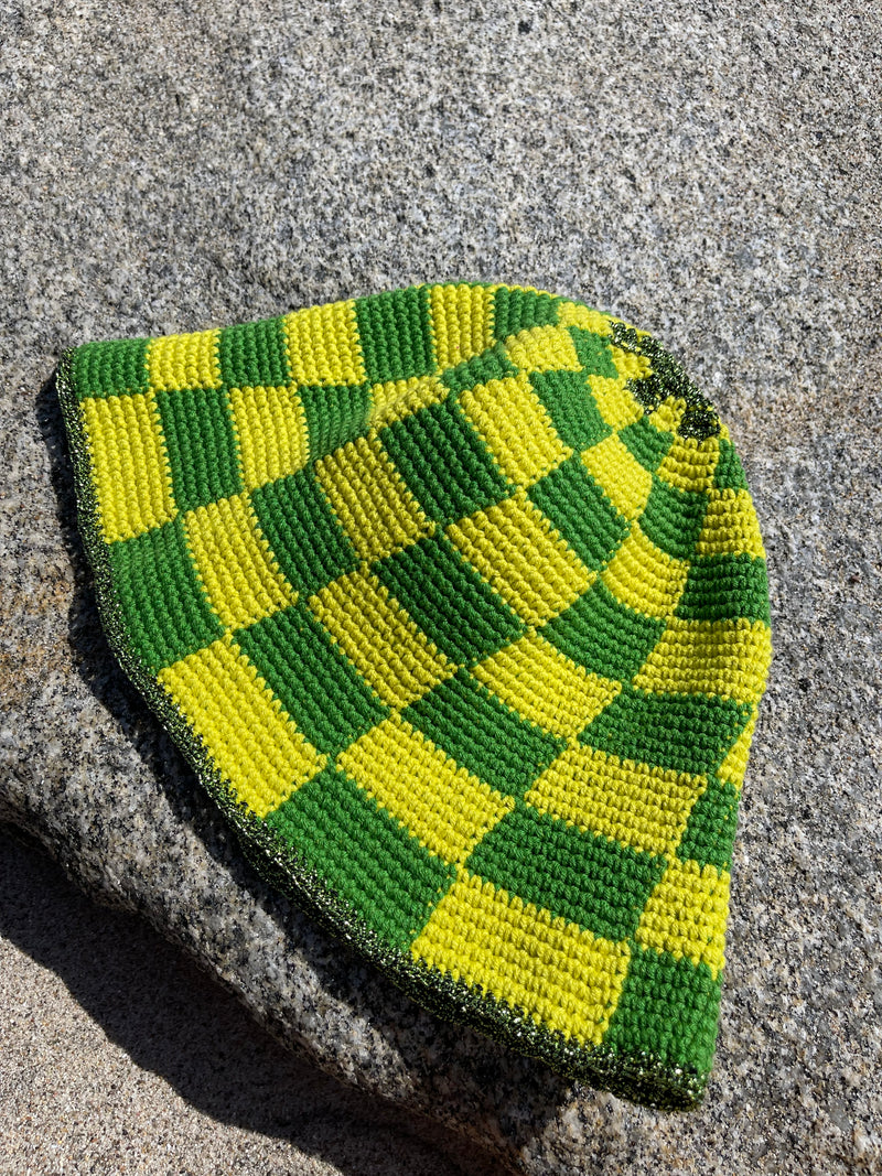 Hand-Crocheted Checkered Neon Yellow&Green Bucket HAT