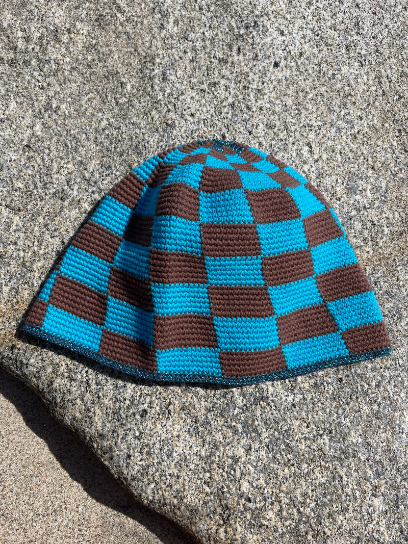 Hand Crochet Ckeckered Blue&Brown Bucket Hat