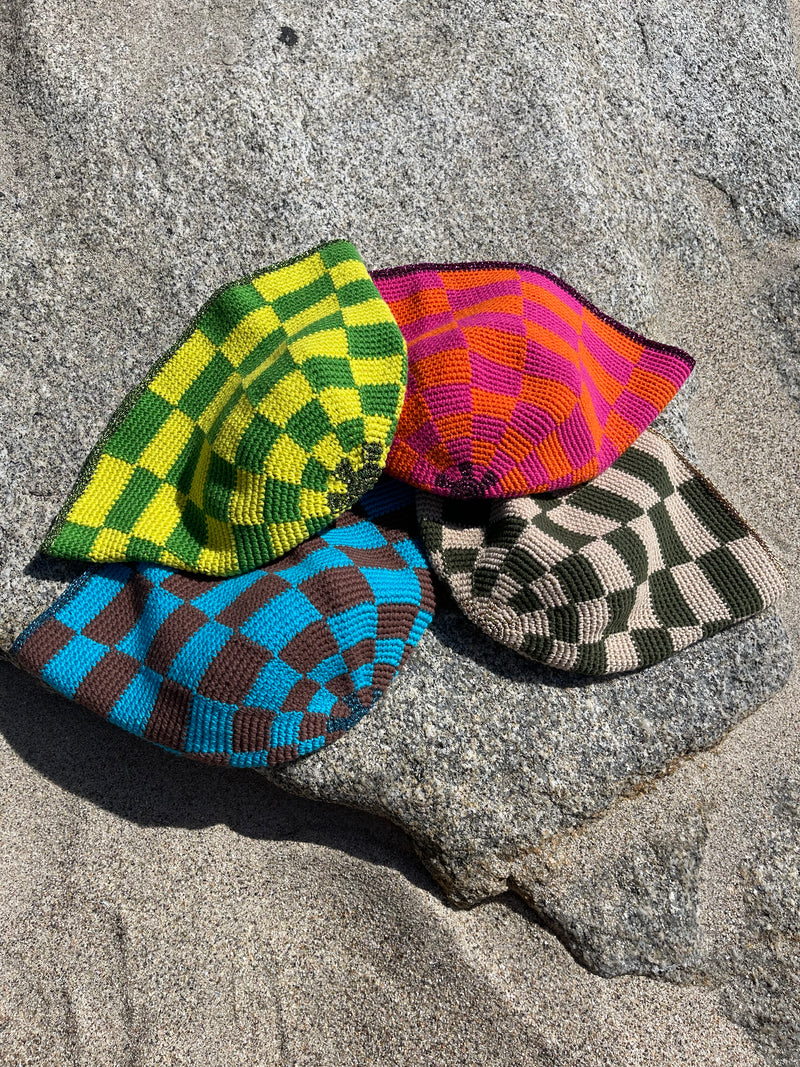 Hand-Crocheted Checkered Khaki Green&Beige Bucket HAT