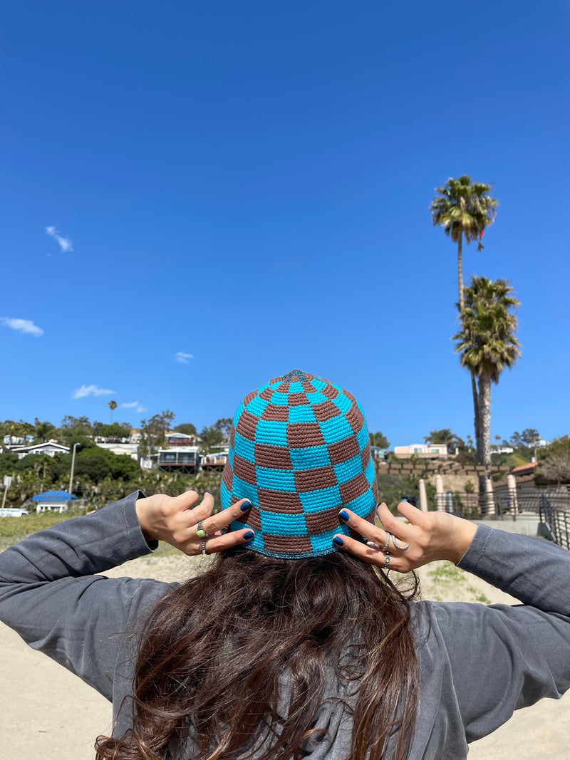 Hand Crochet Ckeckered Blue&Brown Bucket Hat