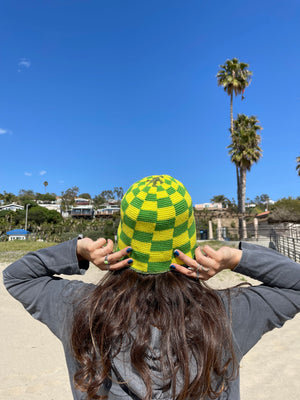 Hand-Crocheted Checkered Neon Yellow&Green Bucket HAT