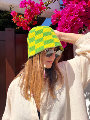 Hand-Crocheted Checkered Neon Yellow&Green Bucket HAT