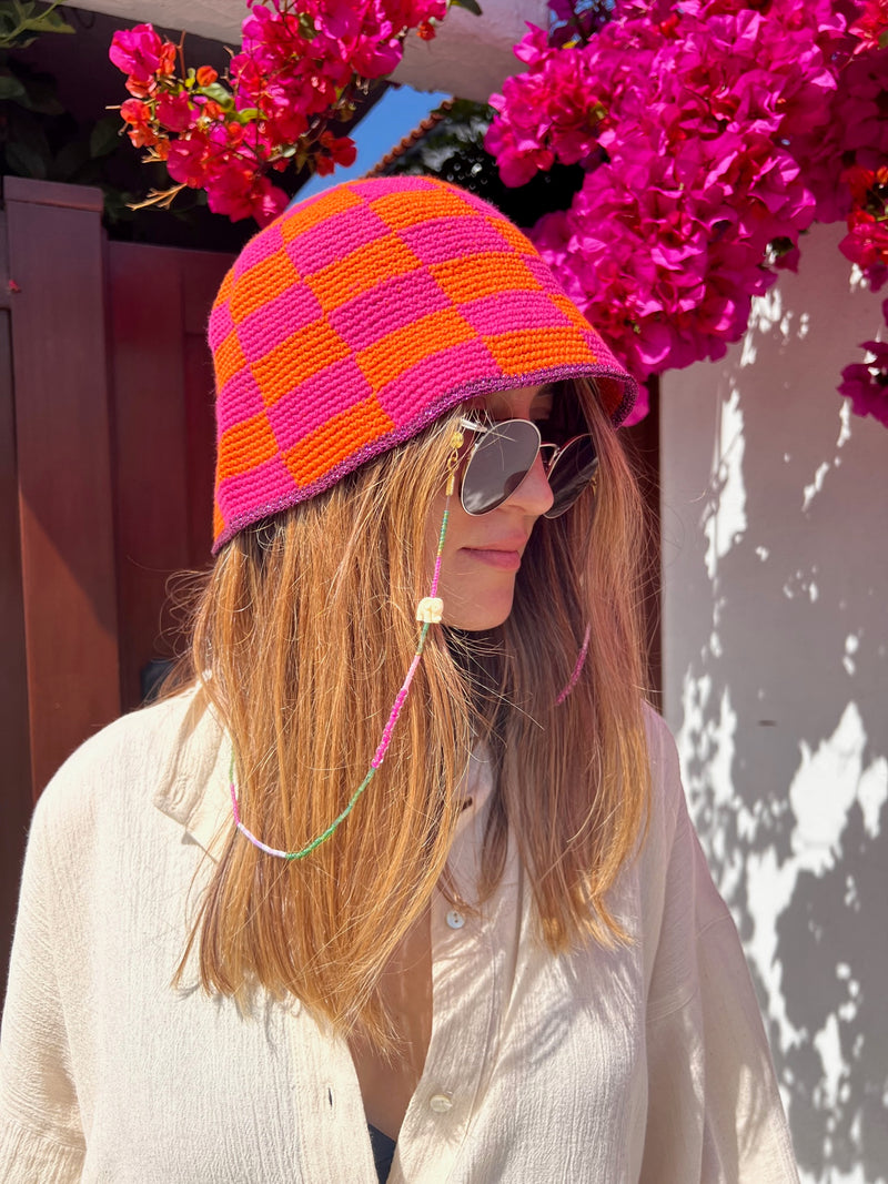 Hand Crochet Ckeckered Pink&Orange Bucket Hat